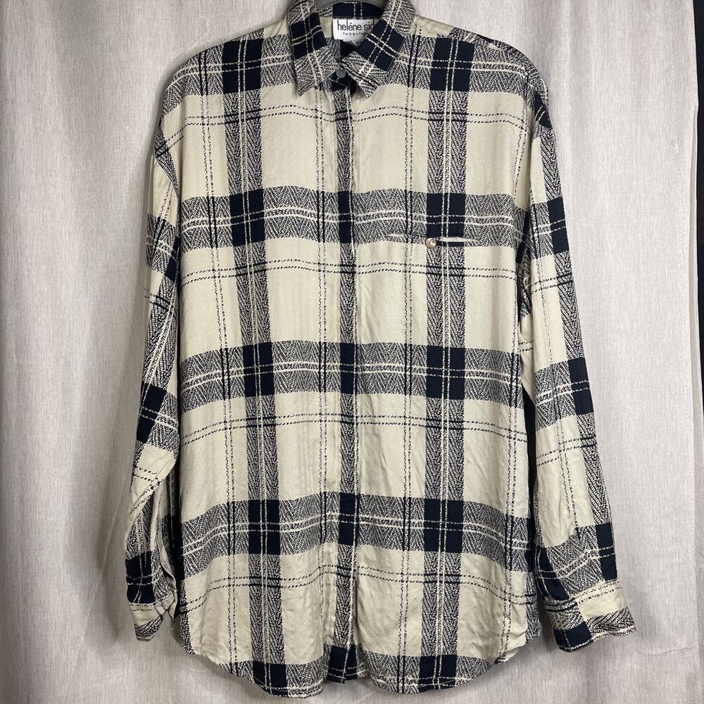 Vintage Helene Sidel Silk Button Up Blouse Beige & Black Plaid Pattern -Long SLV